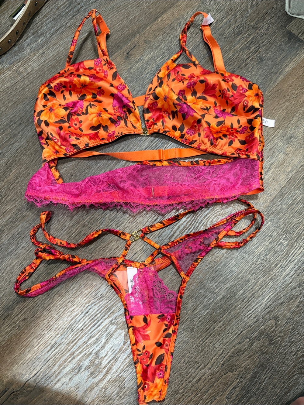 Victoria's Secret Orange Floral Bra & Pink Lace Thong Set